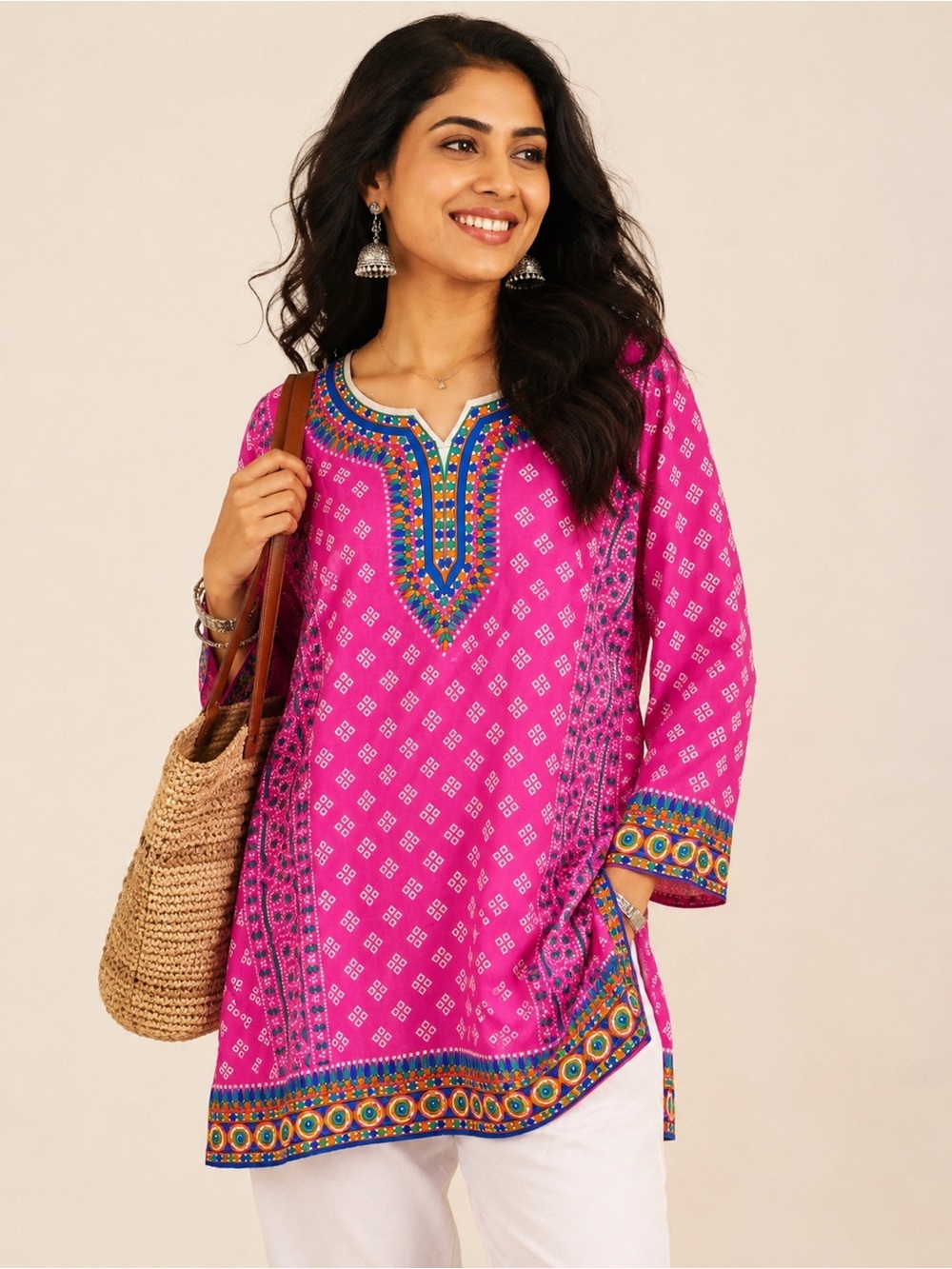 Pink Indian Print Tunic Top L 42 Boho Ethnic Geometric Long Sleeve Blouse